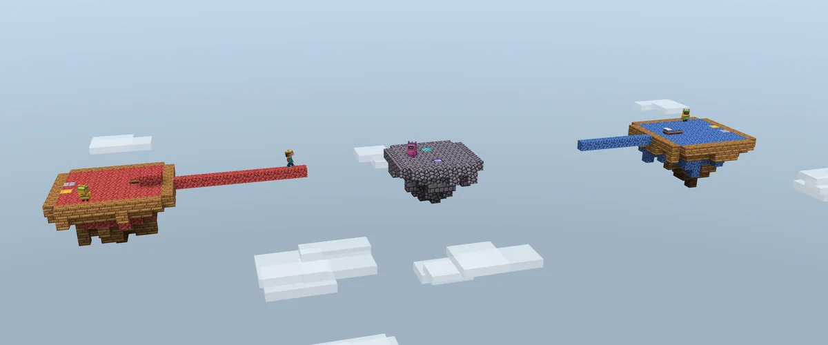 The arena: three islands hanging in the void among clouds — the person’s base with red wool and a red bed, the stone island in the middle with the monster on it, and the monster’s base with blue wool and a blue bed; a bridge of wool reaches out from each base