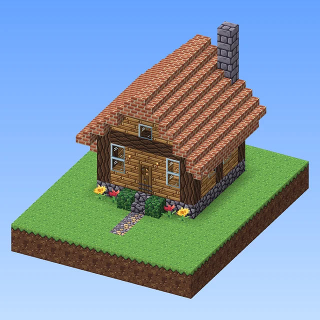 The cosy cottage from the monster’s book of blueprints: plank walls on a stone base, a steep red roof with a chimney, windows, a path to the door, flowers and bushes by the entrance