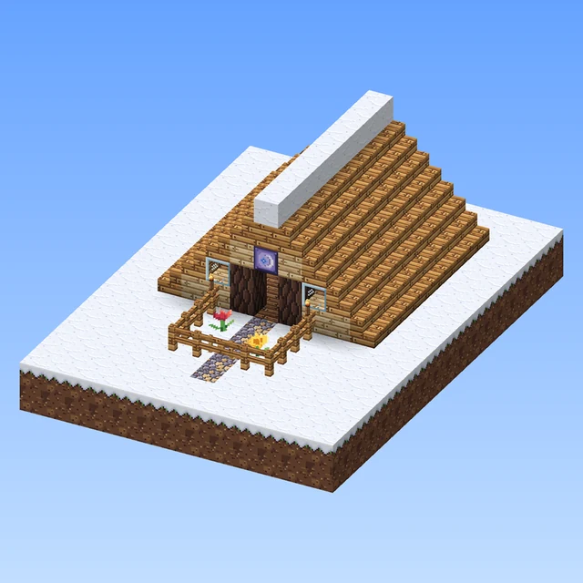 Hani’s lodge on the snow: a roof down to the ground with snow on the ridge, an open entrance with a glowing moon above it, and a little yard with a gate