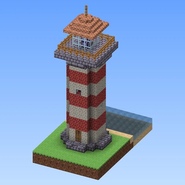 A red-and-white striped lighthouse by the water: a stone base, a gallery with railings, a glass lantern and a red cap