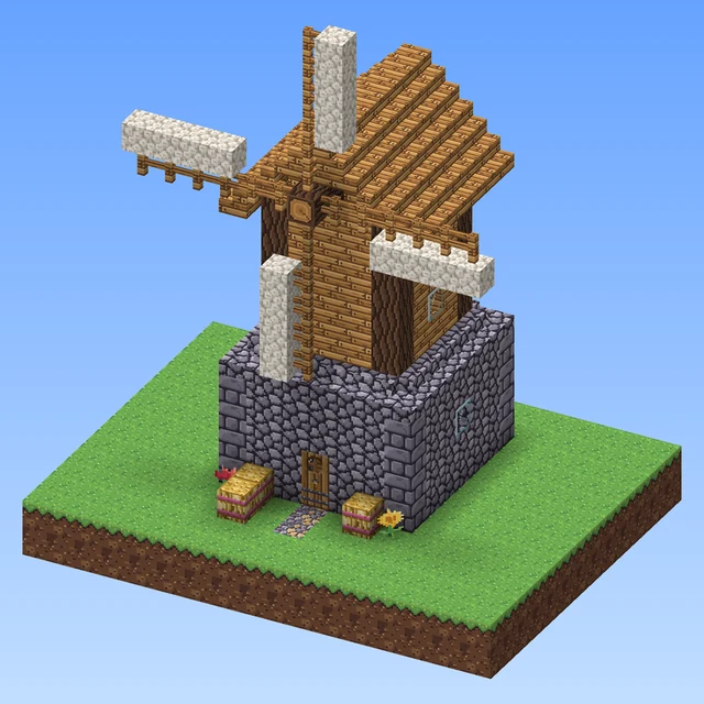 A windmill: a cobblestone base with a door, a wooden tower under a steep roof and four sails