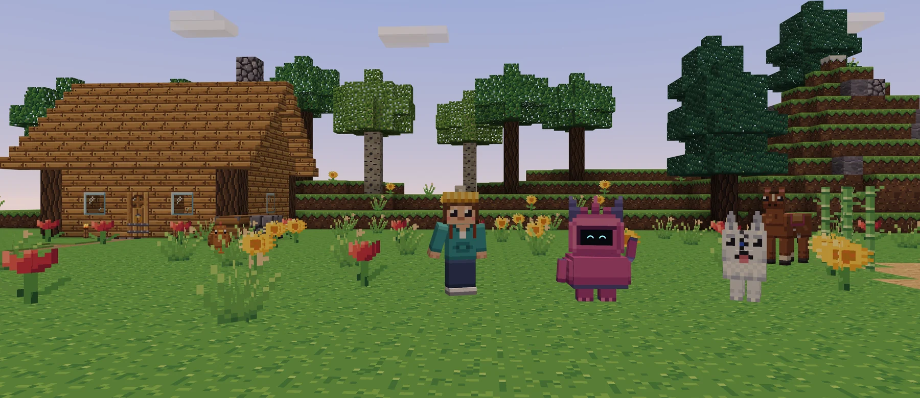 A meadow in the world of cubes at golden hour: the person in a knitted hat, the monster with horns and a screen for a face, happy eyes on the screen, and Hani the white wolf; a wooden cottage, trees and a saddled horse behind