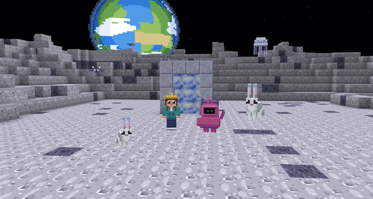 On the Moon: the person and the monster by a lit portal of moon blocks; moon hares around them, a star moth and a moon jelly in the air — and the big Earth in the black sky