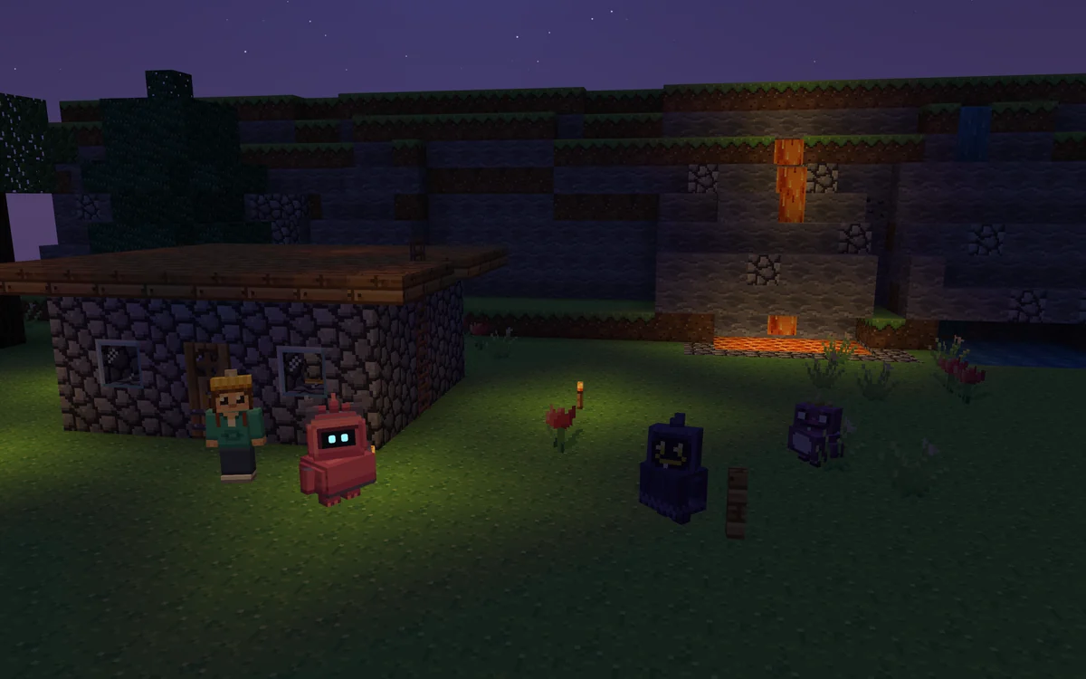 A night shelter under a cliff: a cobblestone hut with a door and a ladder, torches round it; lava falls from the rock into a pool and a spring runs beside it; the person and the monster by the hut, two mischievous night creatures at the edge of the light