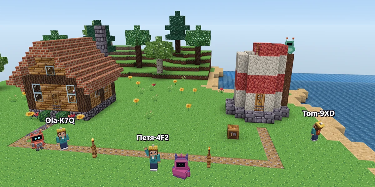 An open world on the server: a cottage and a red-and-white lighthouse by the sea, with a monster on top of the lighthouse still building it; three players with nicknames and tags over their heads — Ola·K7Q, Петя·4F2, Tom·9XD — and their monsters beside them