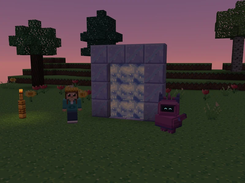 The portal to the Moon, lit, on a meadow at dusk: a frame of moon blocks with a swirl of light inside, the person on one side and the monster on the other, a torch and flowers around