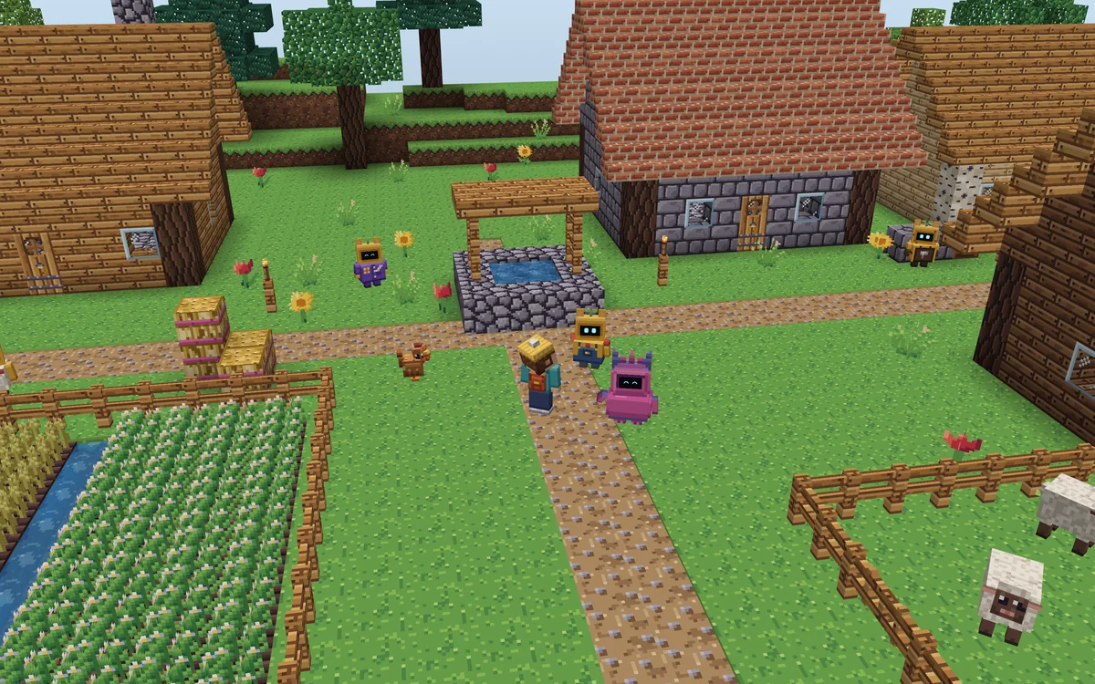 A village of monster-neighbours from above: a well at the crossroads, stone and wooden houses, a fenced field of carrots and wheat, a sheep pen; neighbours with screens for faces, the person and the monster by the well
