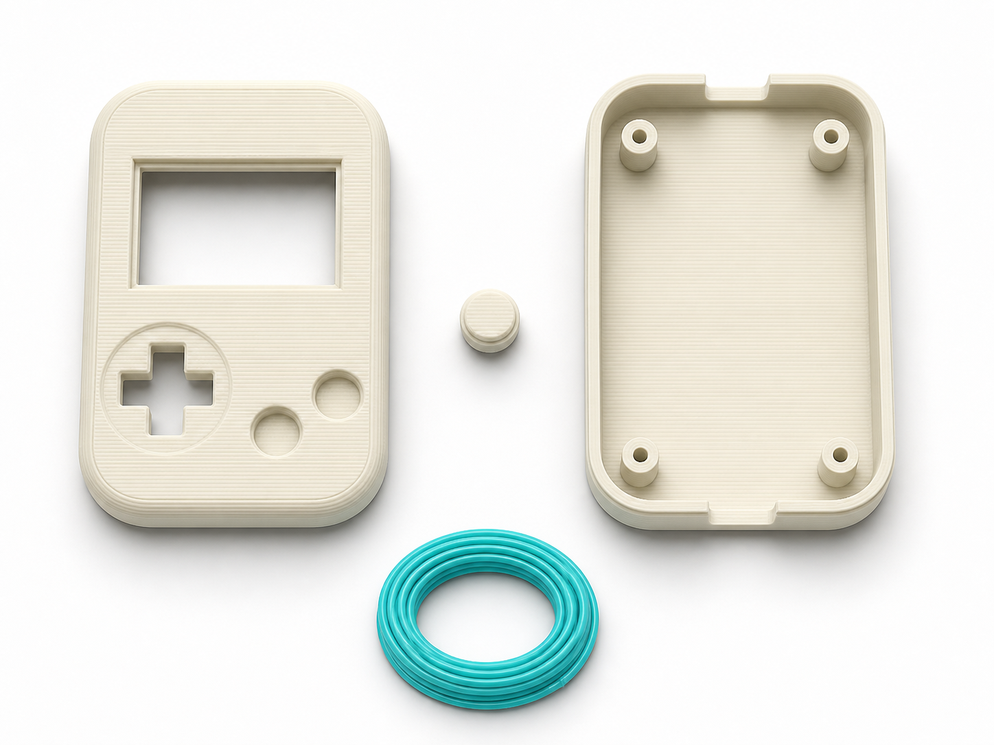 The printed parts laid out: front shell with the eye window, back shell, button cap.