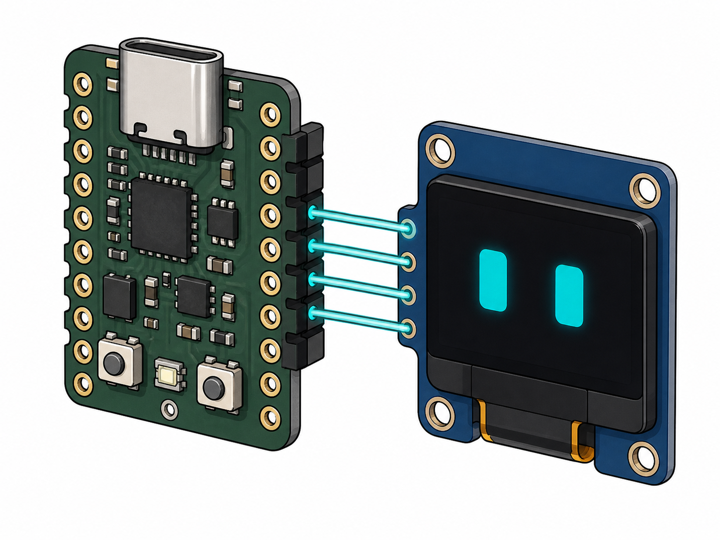 The OLED module sitting on the XIAO's right header, four pads in a row, straight wires.