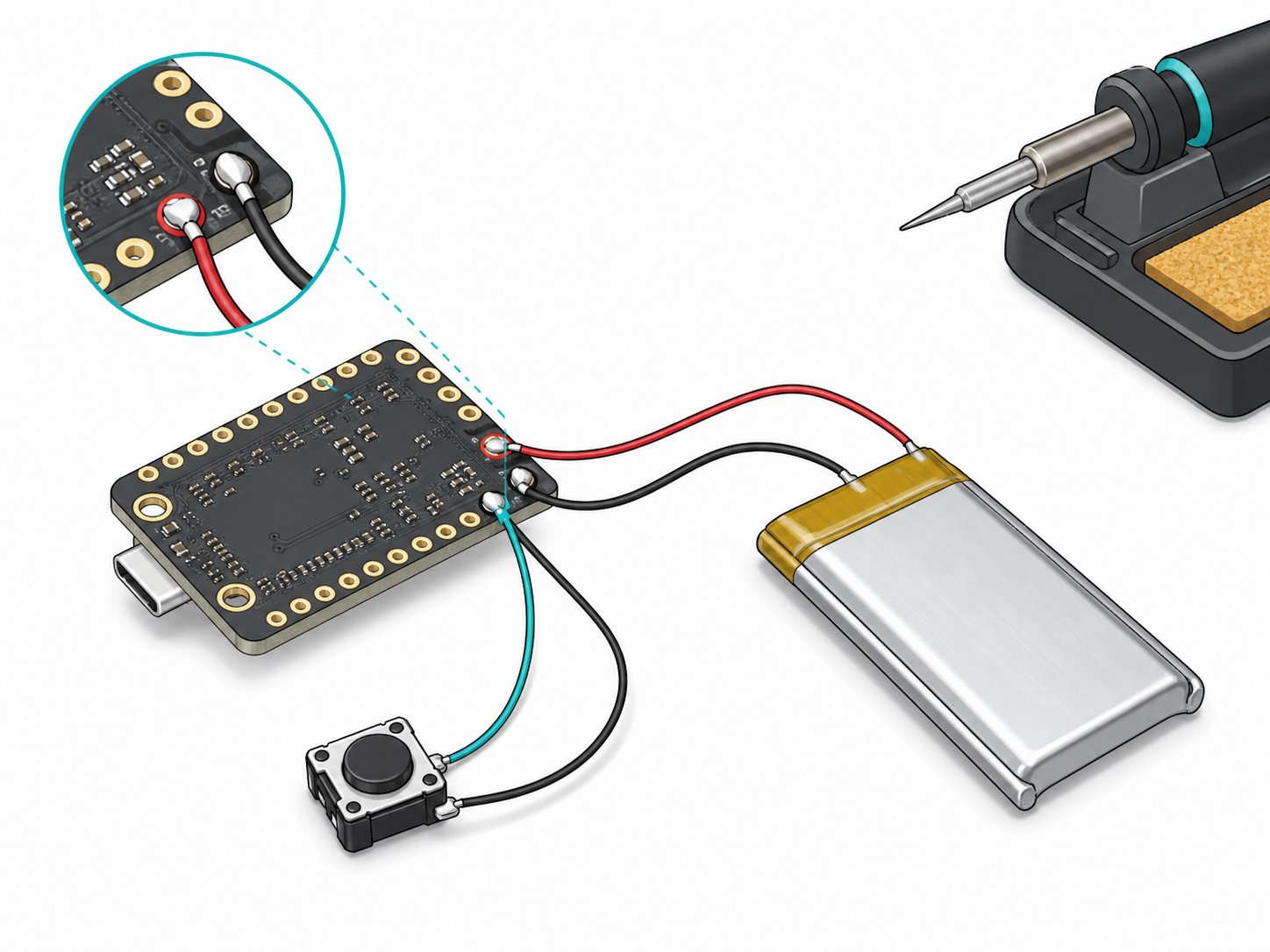 Back of the XIAO with BAT+/BAT− pads, red and black battery wires, and the button on D1–GND.
