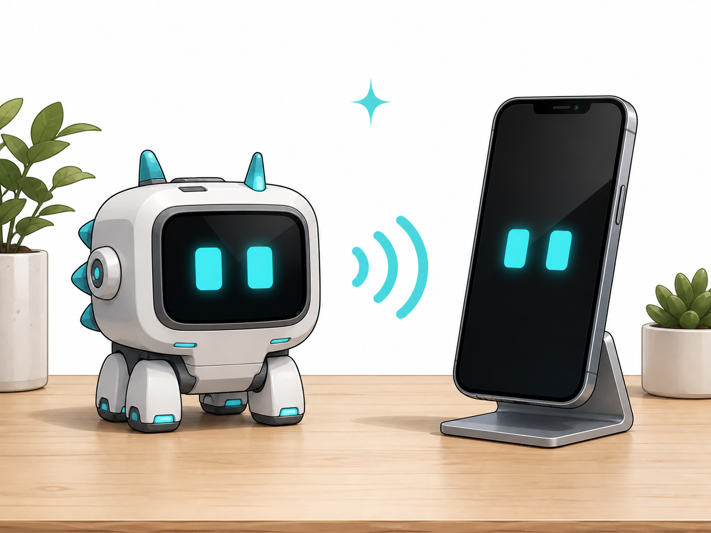 Phone and monster side by side, a Bluetooth wave between them, both faces smiling the same smile.