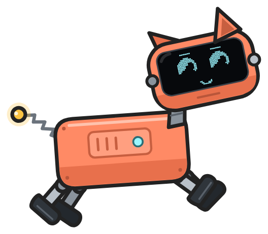 The robo-pup mid-jump, happy eyes on its screen