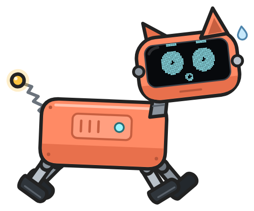 The robo-pup running, round surprised eyes on its screen