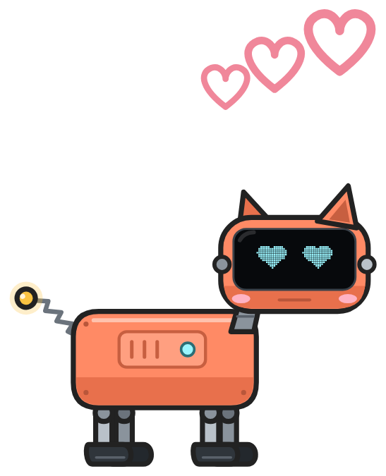 The robo-pup standing, heart eyes on its screen, hearts rising