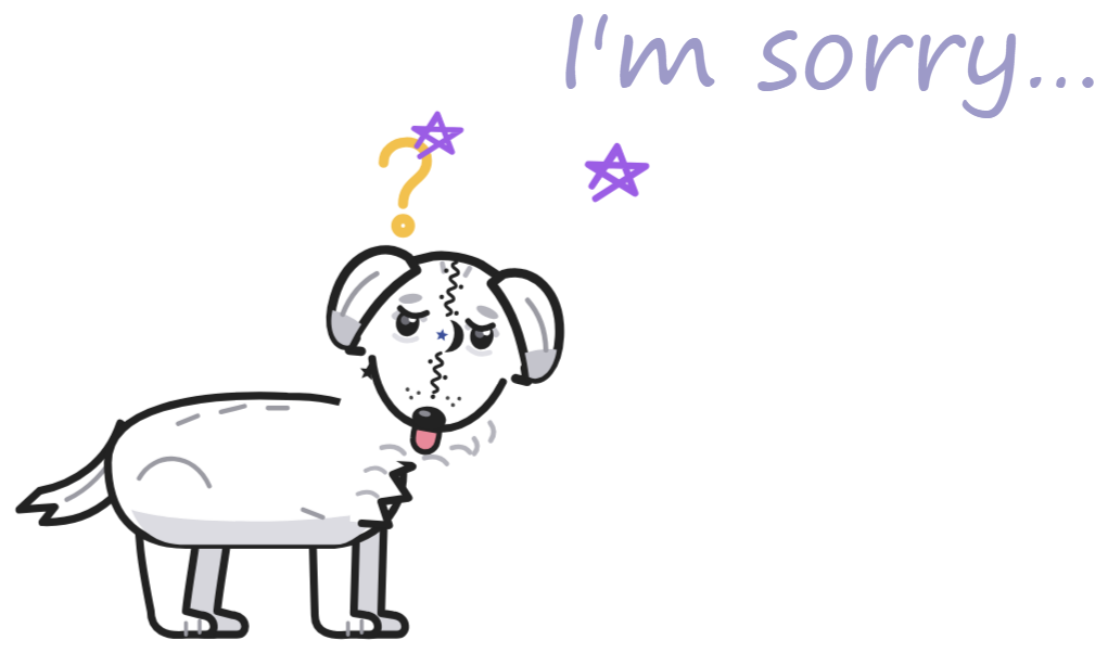 Hani after a hit: ears down, a question mark and purple stars overhead, the words “I'm sorry…”